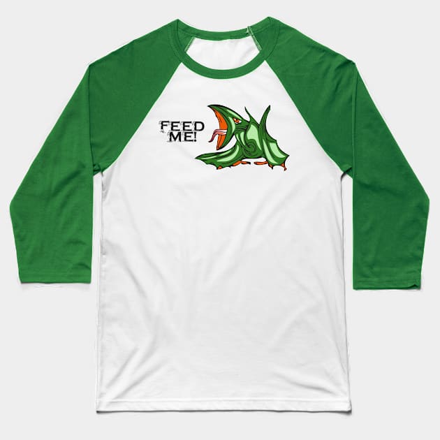 Hungry Green Flying Dinosaur Baseball T-Shirt by Miozoto_Design